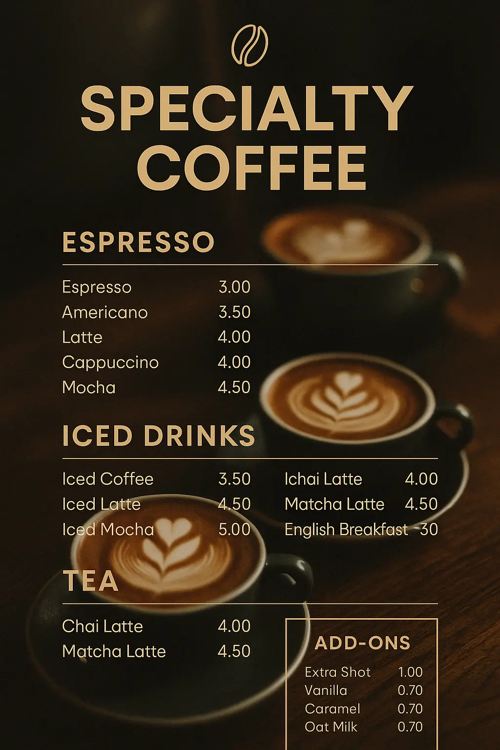 Elegant café menu template with espresso and tea sections