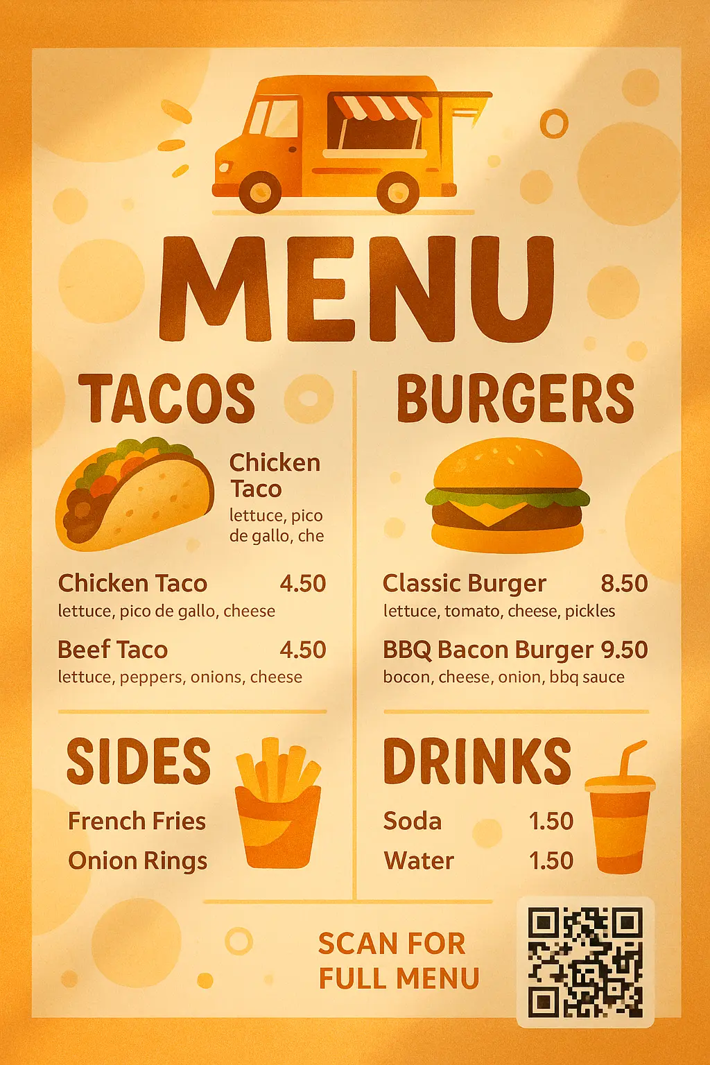 Food truck menu template with playful design and orange color scheme