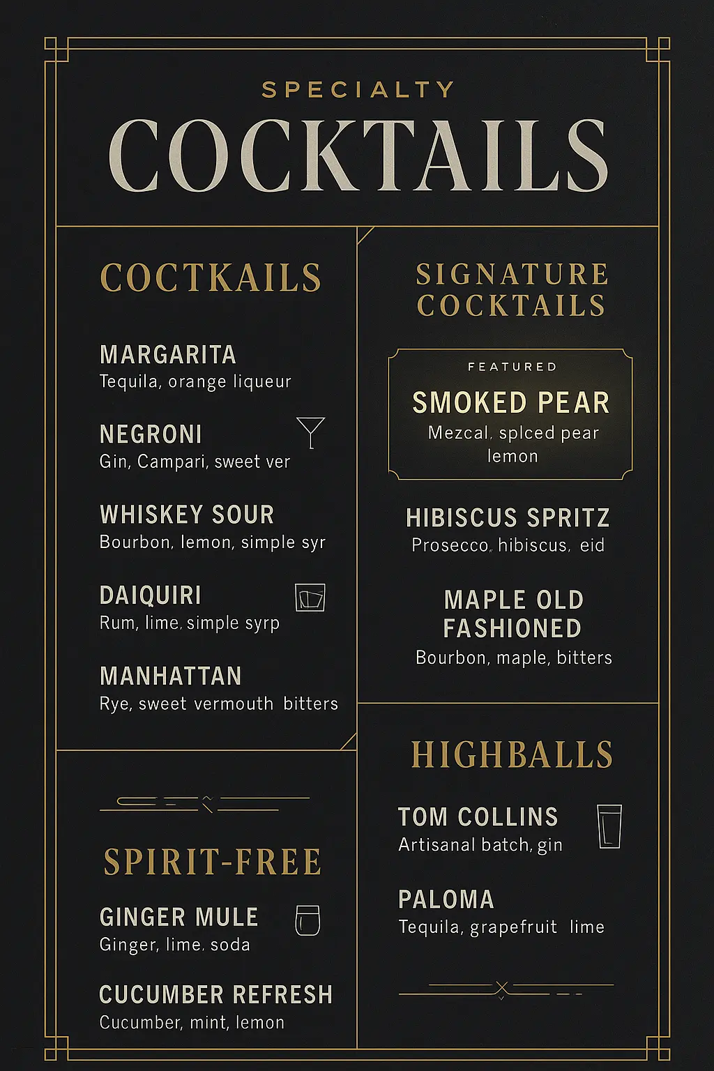 Contemporary cocktail bar menu template with bold layout