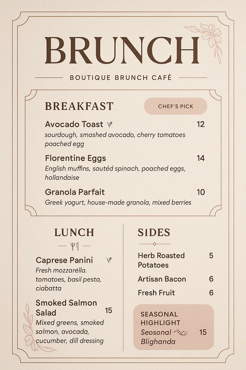 Elegant café menu template with soft colors and structured layout