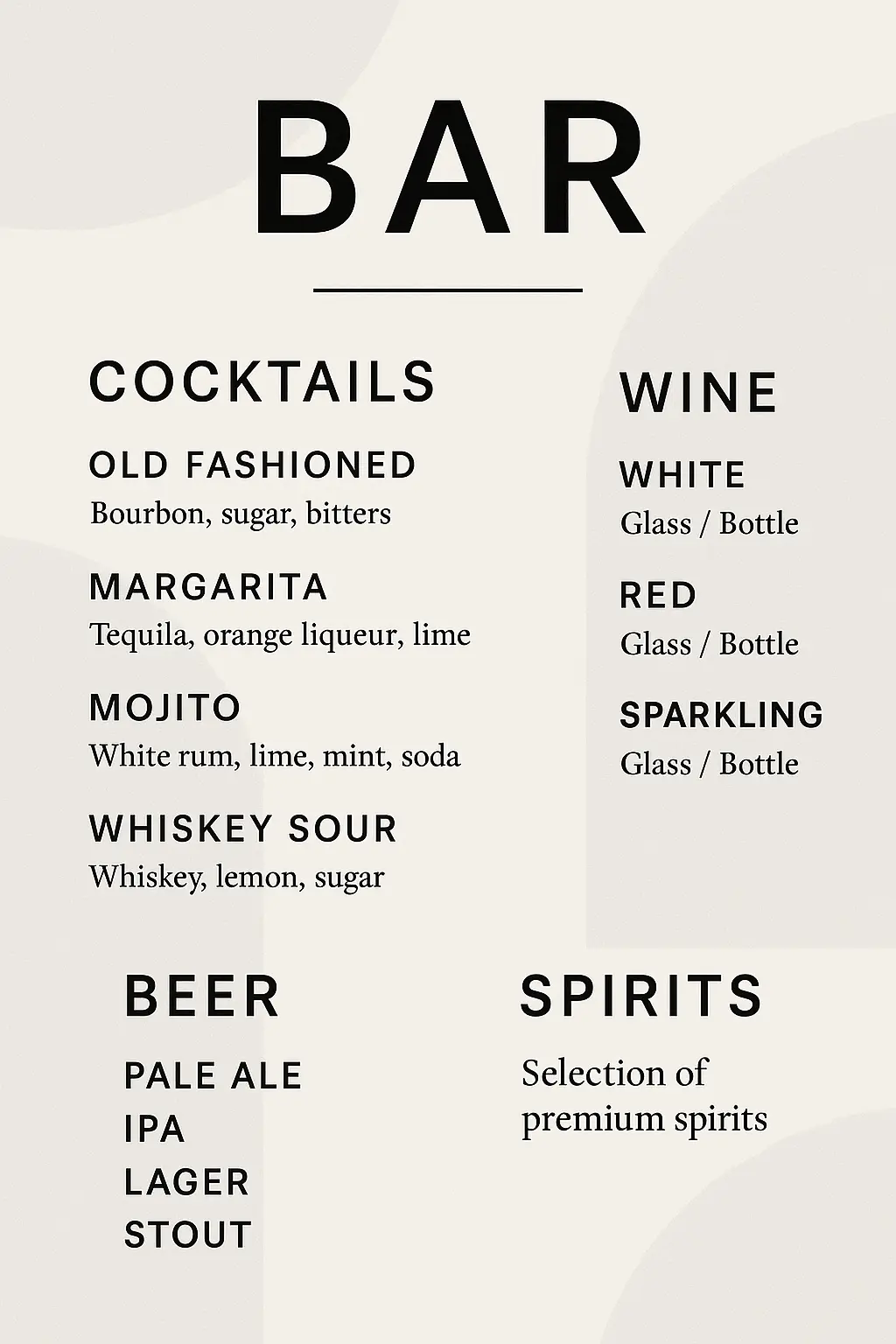 Minimalist bar menu template with drink categories