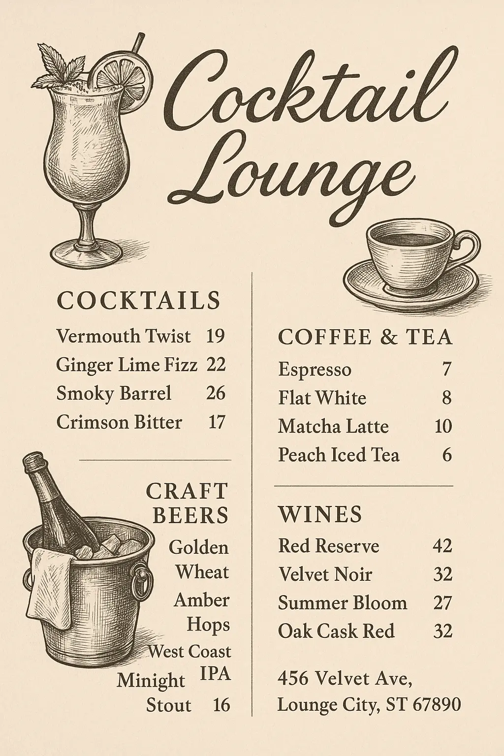 Vintage hand-drawn menu template with elegant drink categories