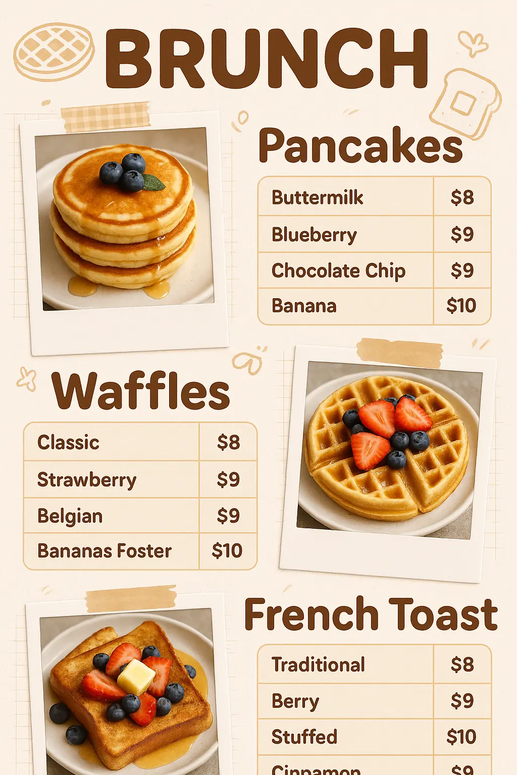 Playful breakfast menu template with polaroid food images