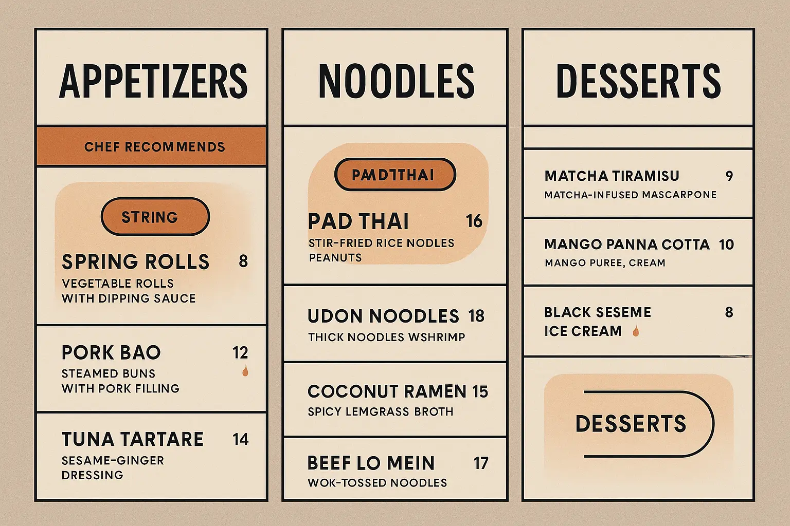 Bold contemporary menu template with grid panel layout