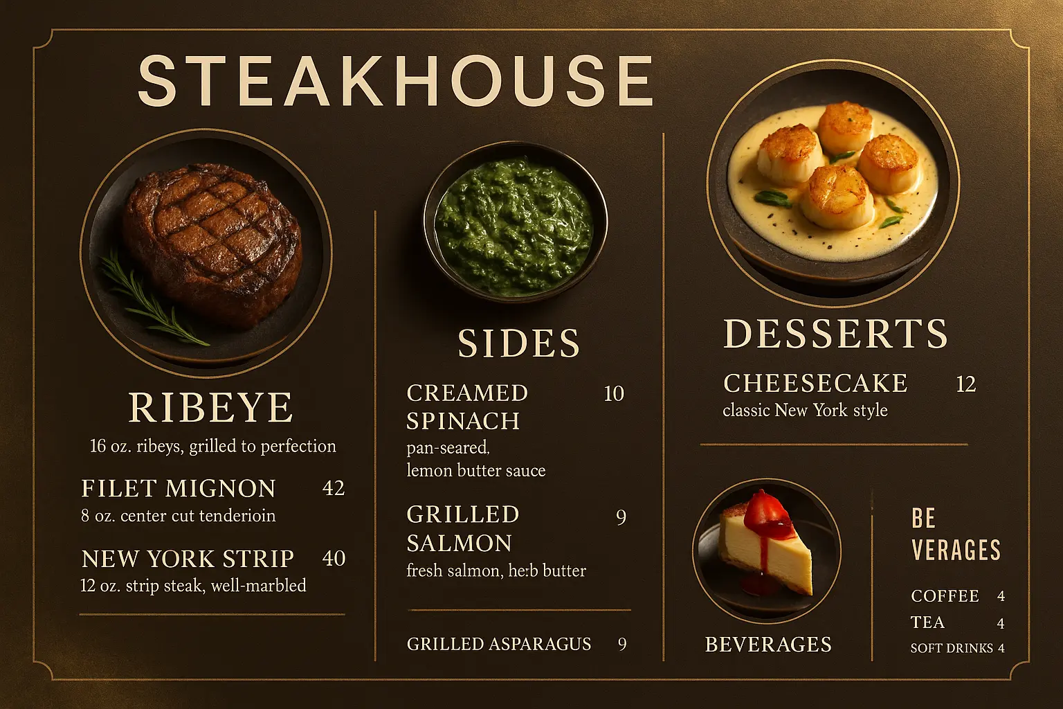 Modern steakhouse menu template with bold dish headings and rich colors