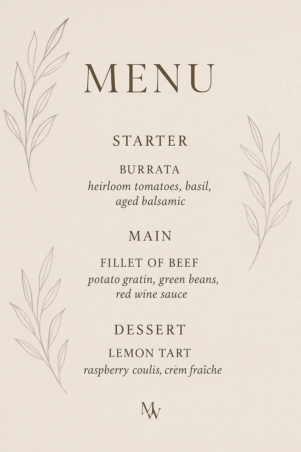 Elegant wedding menu template with minimalist design and hand-drawn leaves.