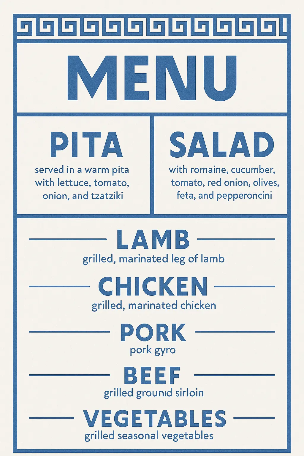Greek restaurant menu template with bold blue text and sections