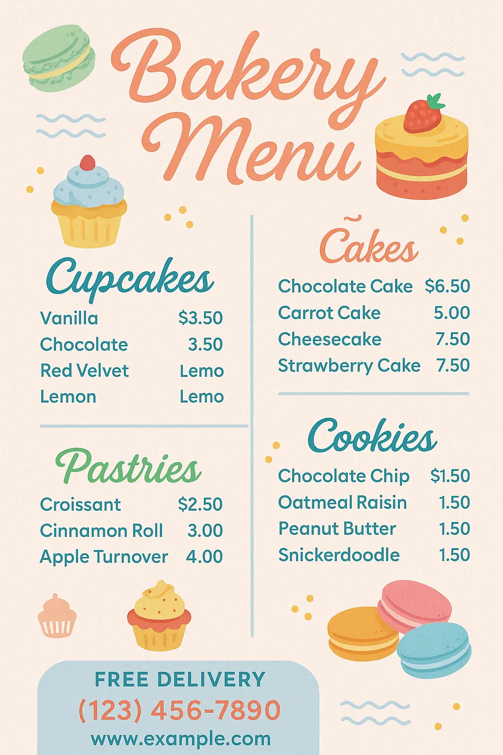 Bakery menu template with playful pastel colors and food illustrations