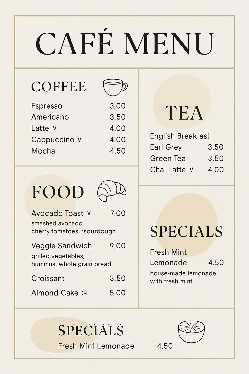 Contemporary café menu template with minimalist design and neutral tones.