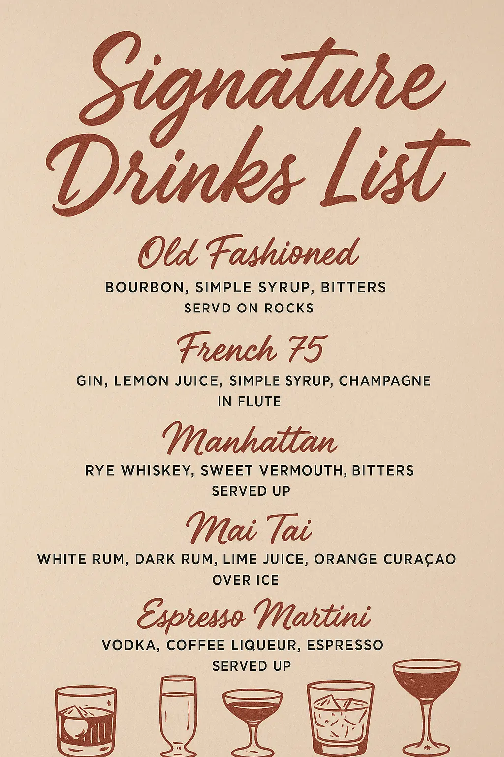 Hand-drawn cocktail menu template with vintage red accents