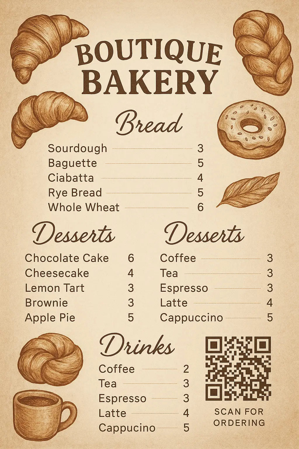 Vintage bakery menu template with hand-drawn pastries
