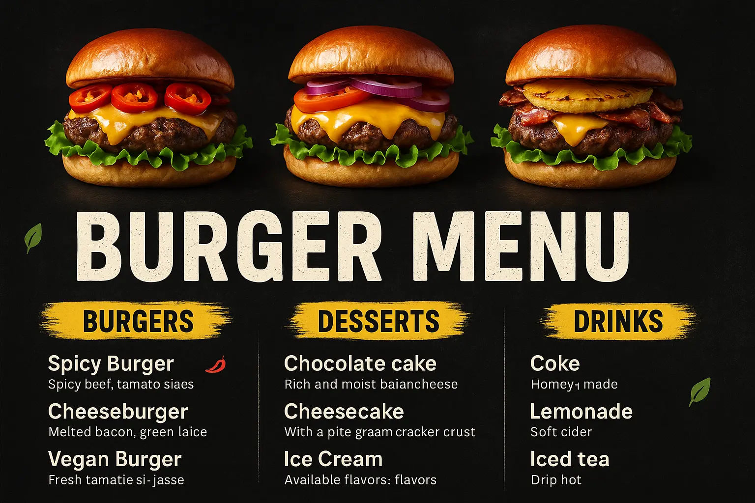 Bold burger menu template with blackboard style layout