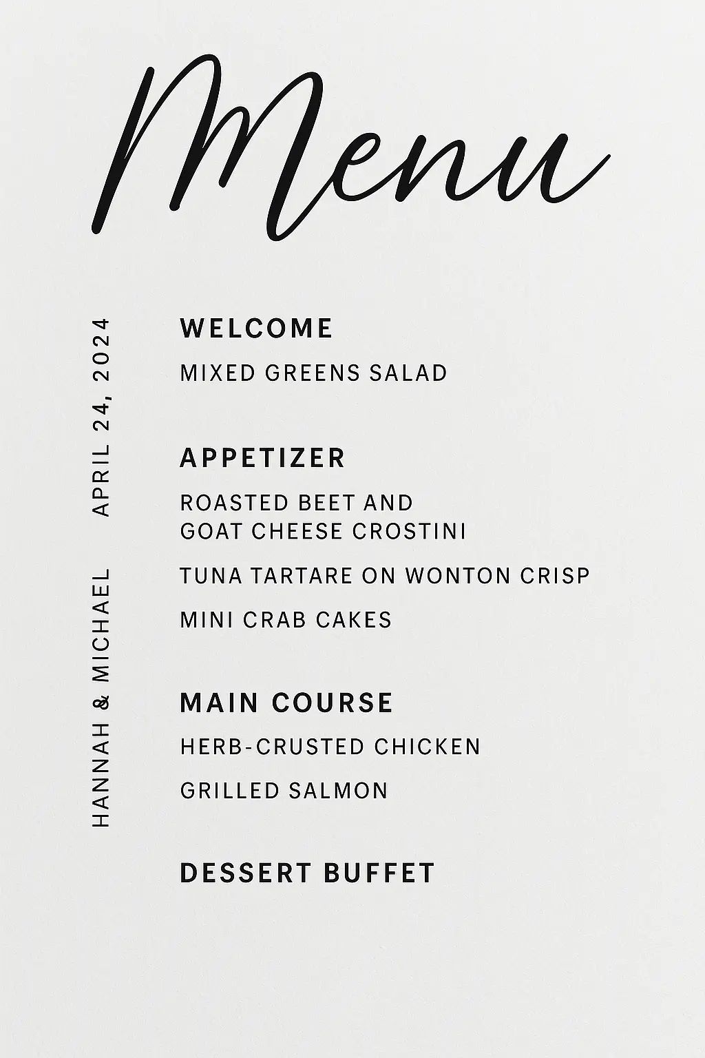 Elegant minimalist wedding menu template with black script text