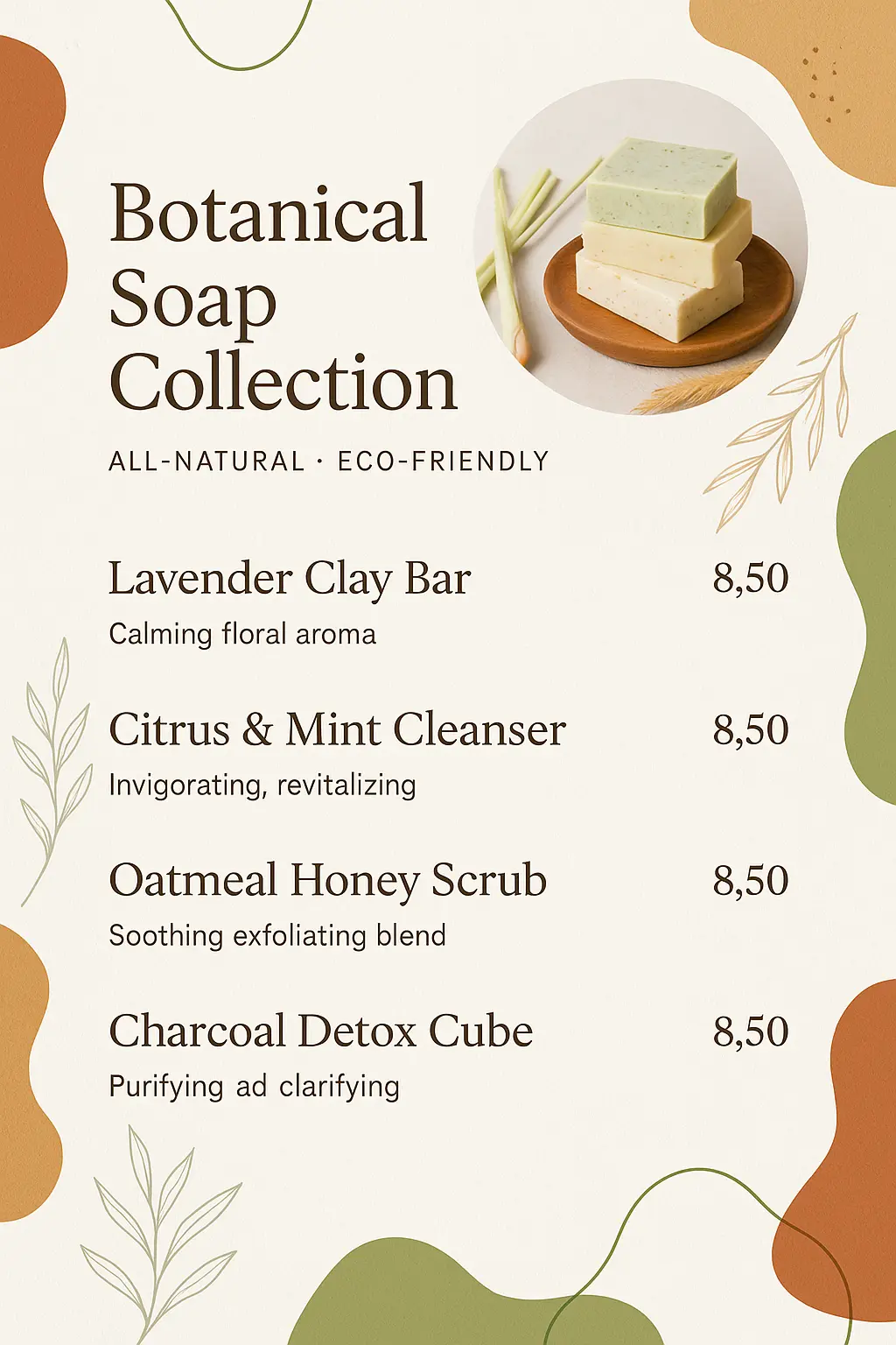 Minimalist handmade soap menu template with organic design