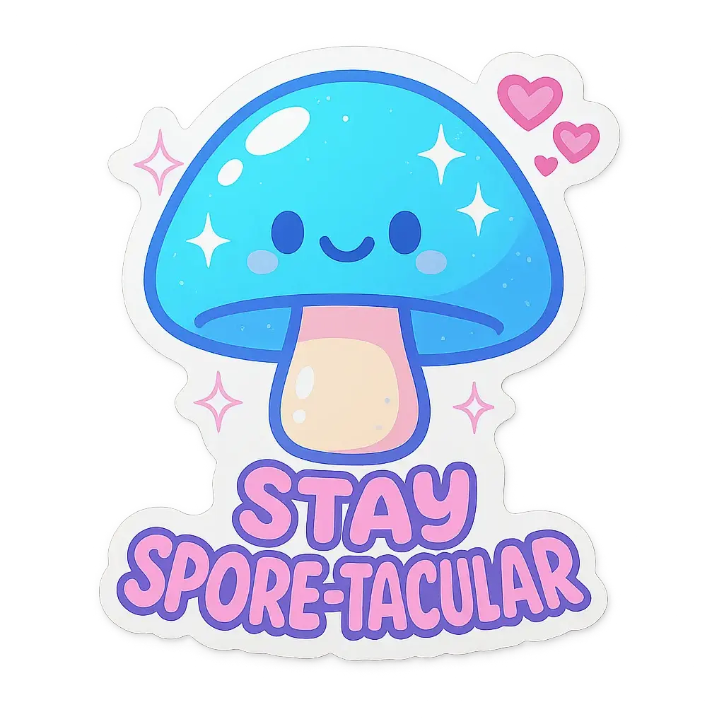 Playful kawaii mushroom sticker template with sparkles and hearts