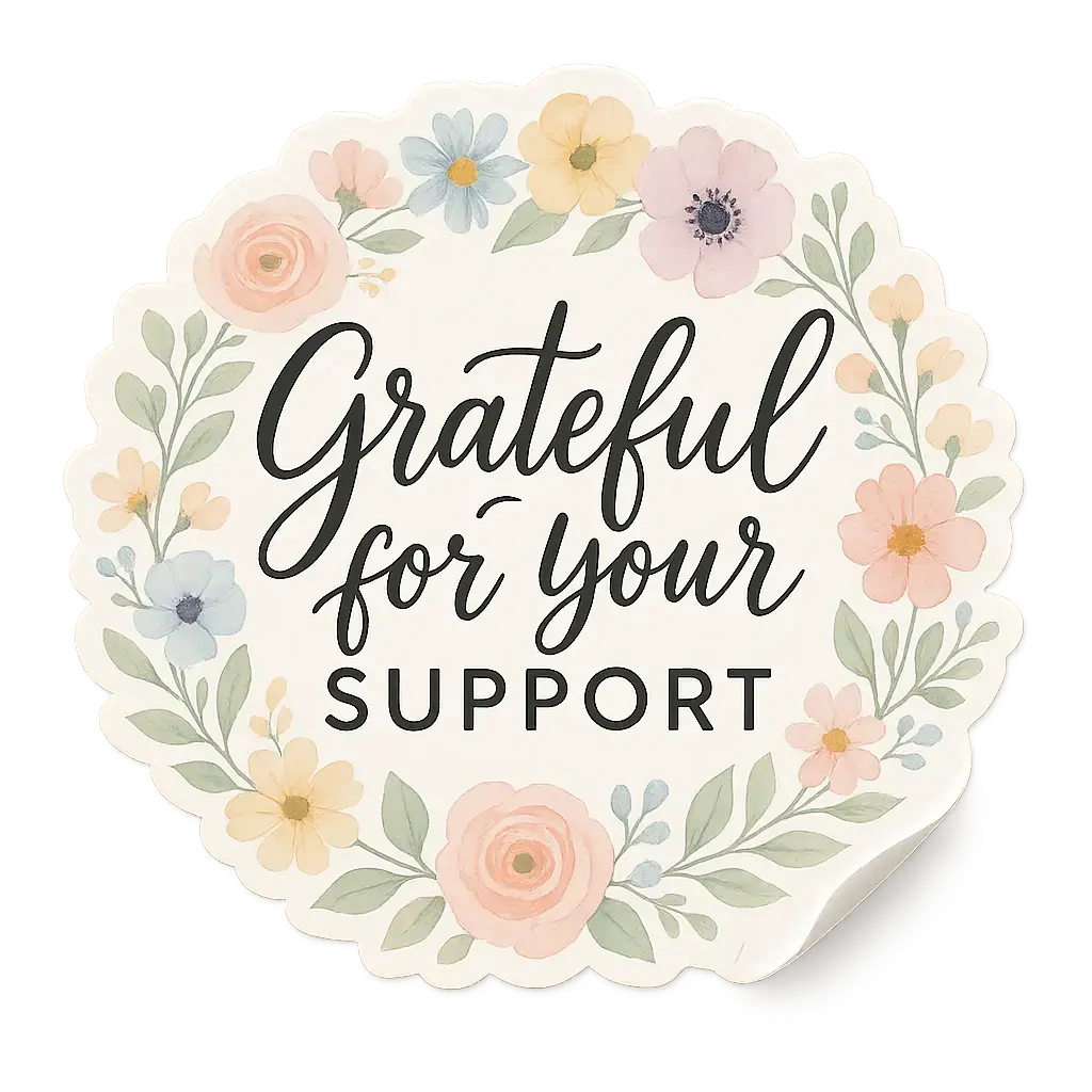 Floral wreath sticker template with thank-you message