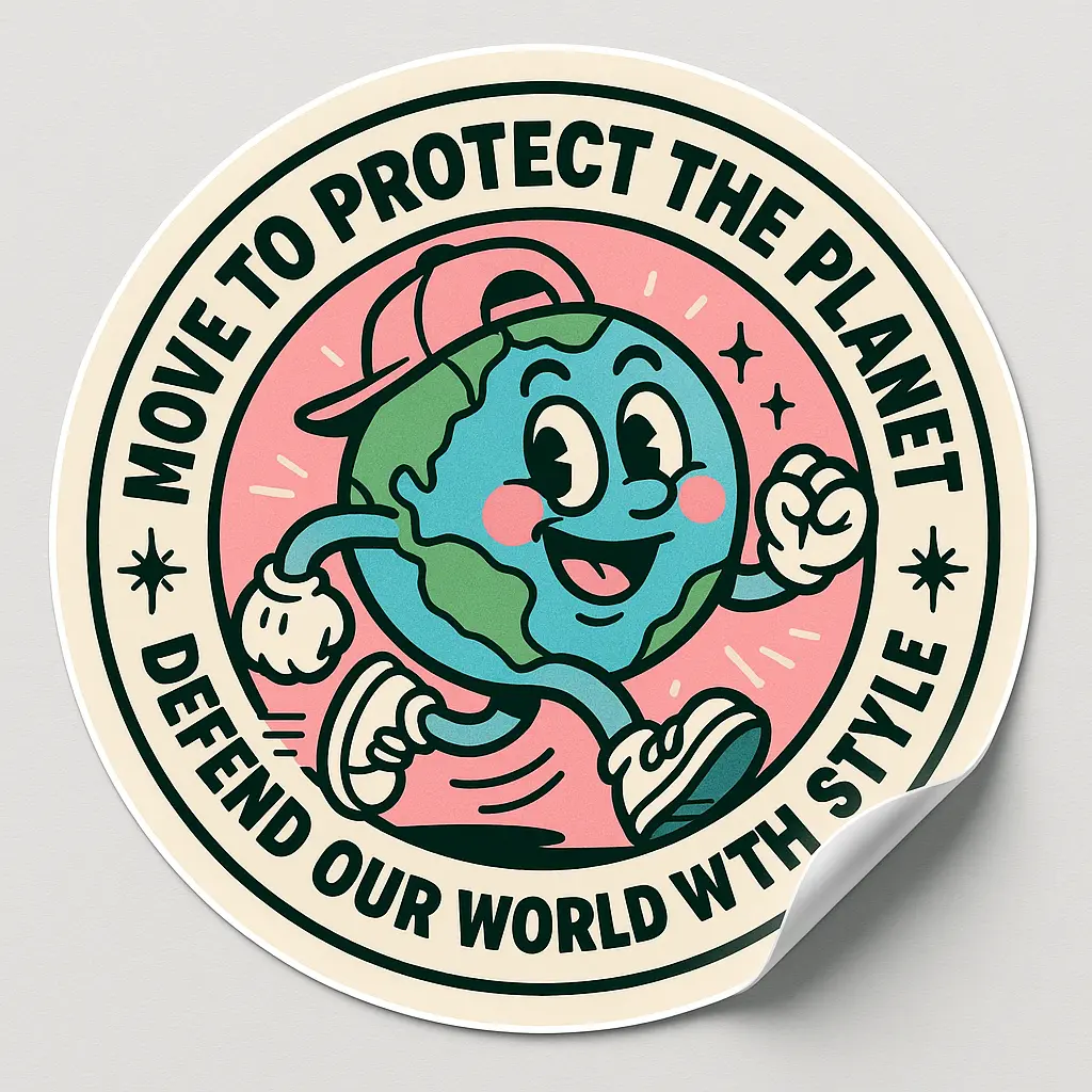 Sticker template with jogging Earth cartoon and eco slogan