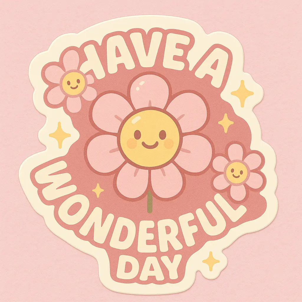 Pastel sticker template with cheerful flowers and 'HAVE A WONDERFUL DAY' text