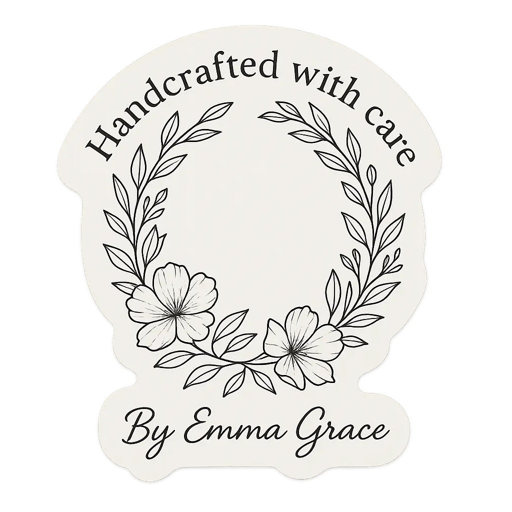 Floral wreath sticker template with 'Handcrafted with care' text