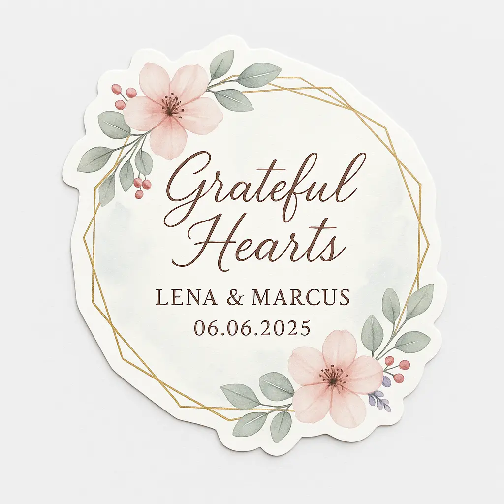 Elegant floral thank-you sticker template with gold frame