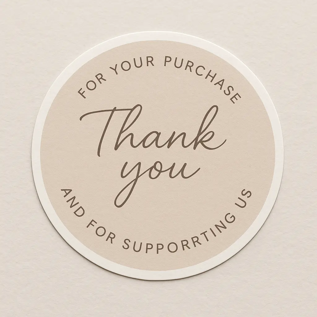 Thank you sticker template with handwritten script and neutral beige background.