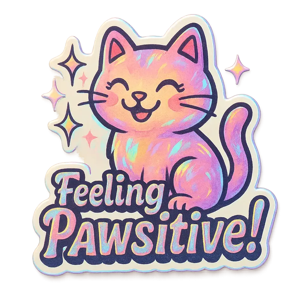 Playful retro cat sticker template with holographic details