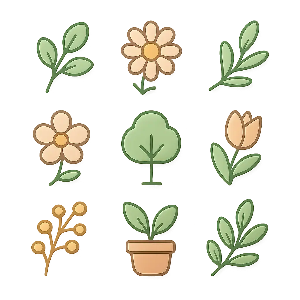Botanical icon template featuring hand-drawn flowers and leaves.