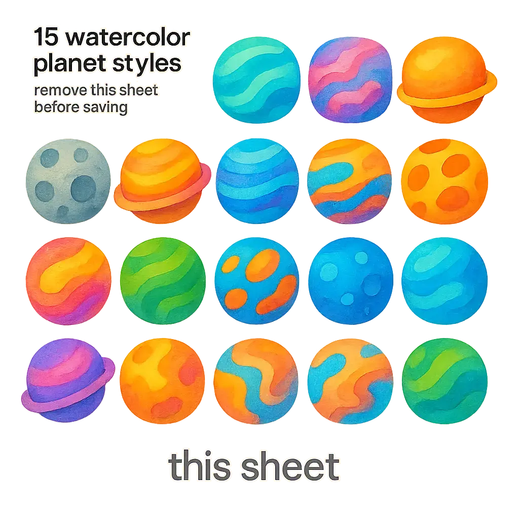 Watercolor planet icon template in vibrant hand-drawn style