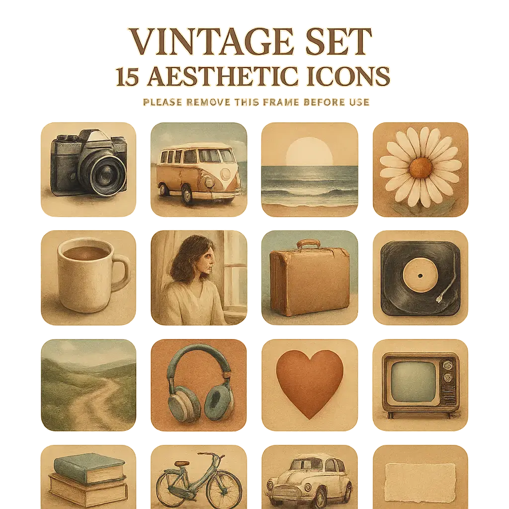 Vintage photo-style icon template with 15 retro elements