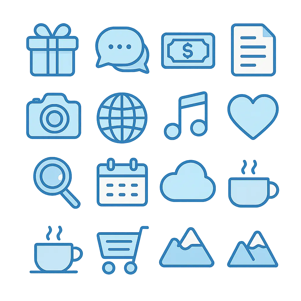 Icon template featuring business and communication symbols in minimal line art.