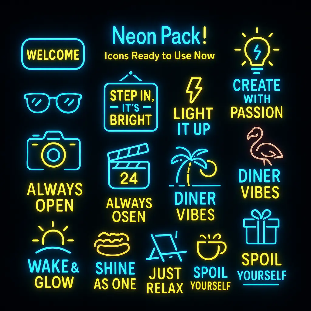Neon lifestyle icon template with glowing text and symbols