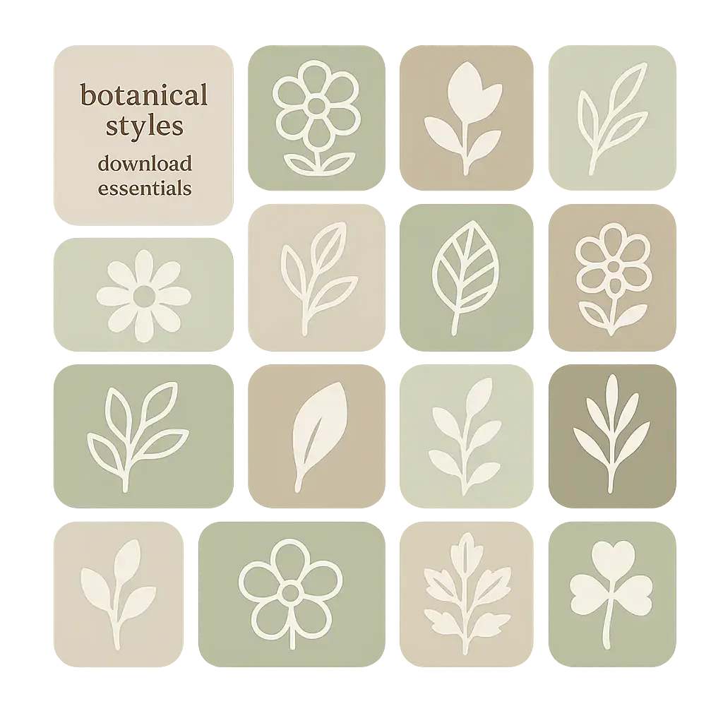 Botanical icon template with 15 pastel plant designs