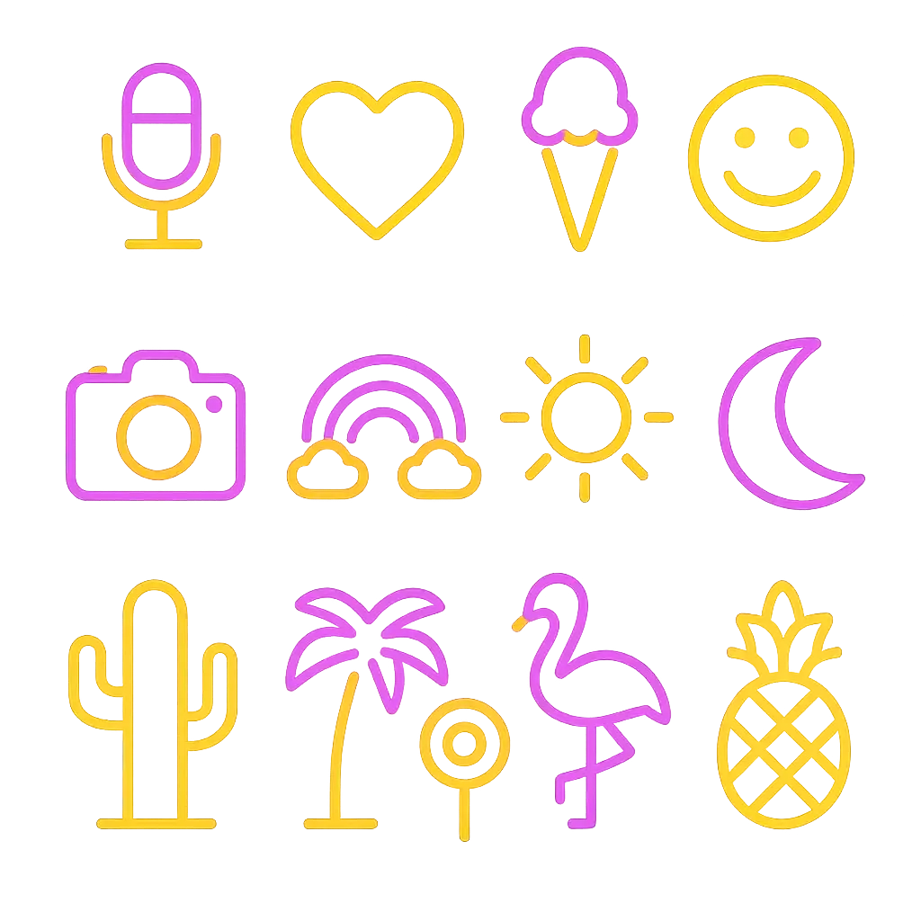 Neon icon template with 15 glowing icons on black background