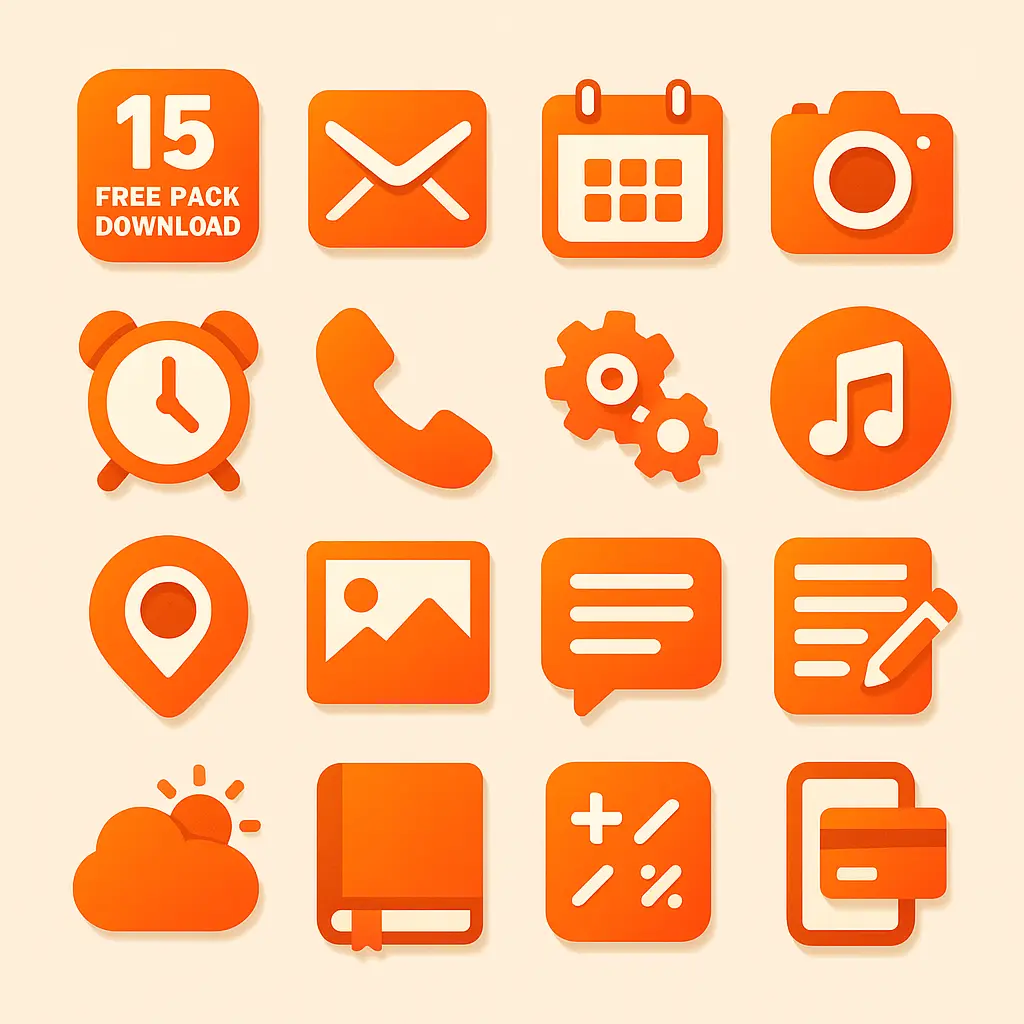 Vibrant orange icon template with 15 productivity symbols