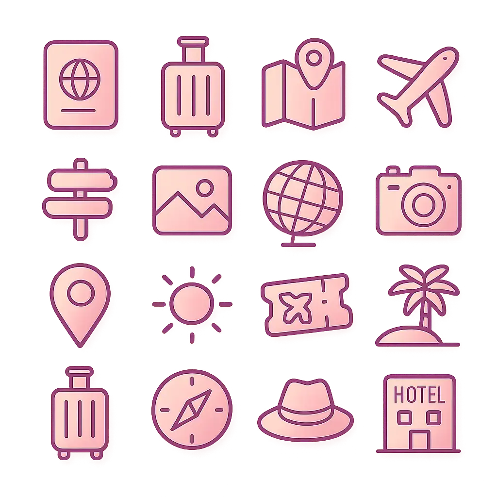 Travel icon template featuring hand-drawn line art in pastel colors.