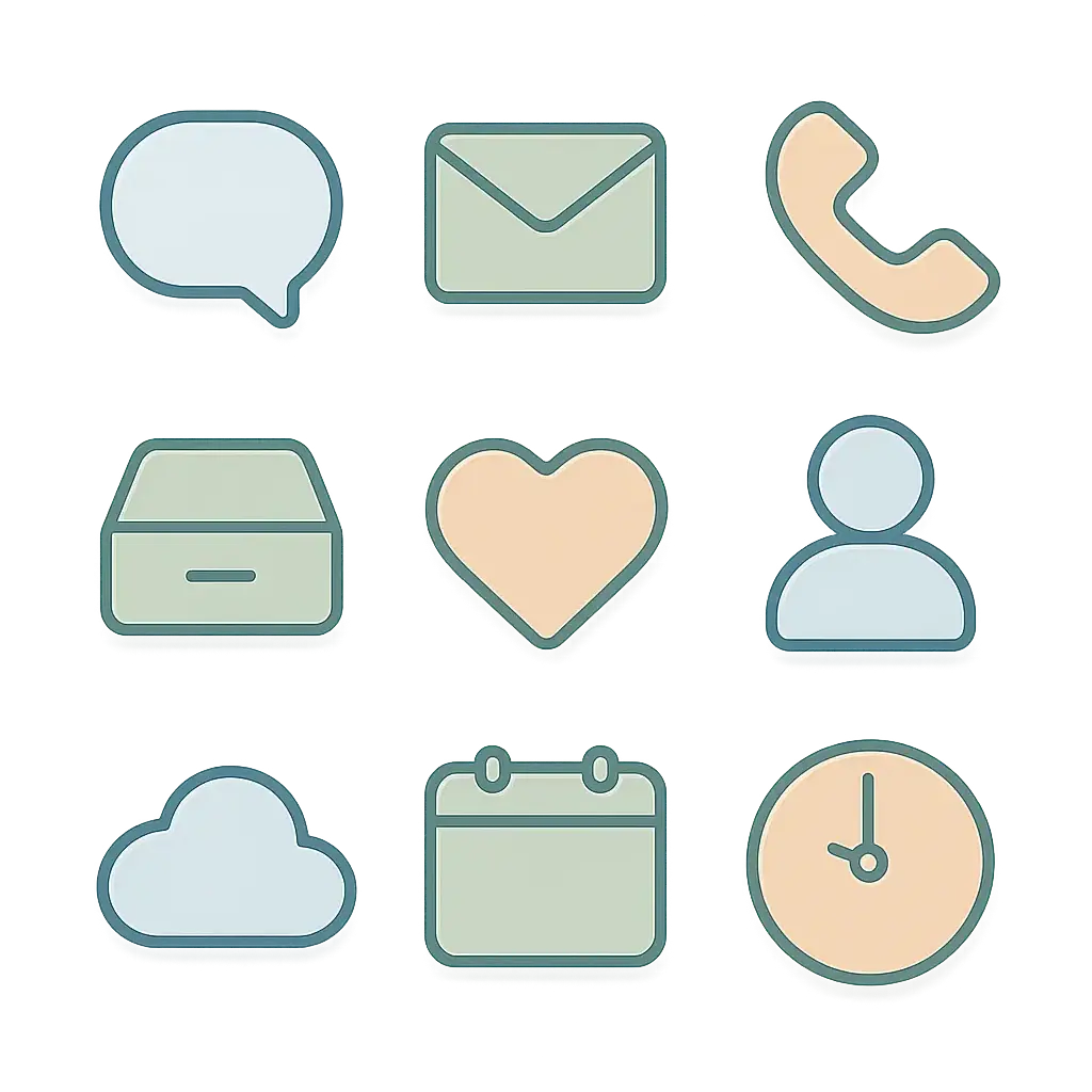 Icon template with communication, social media, and time management symbols