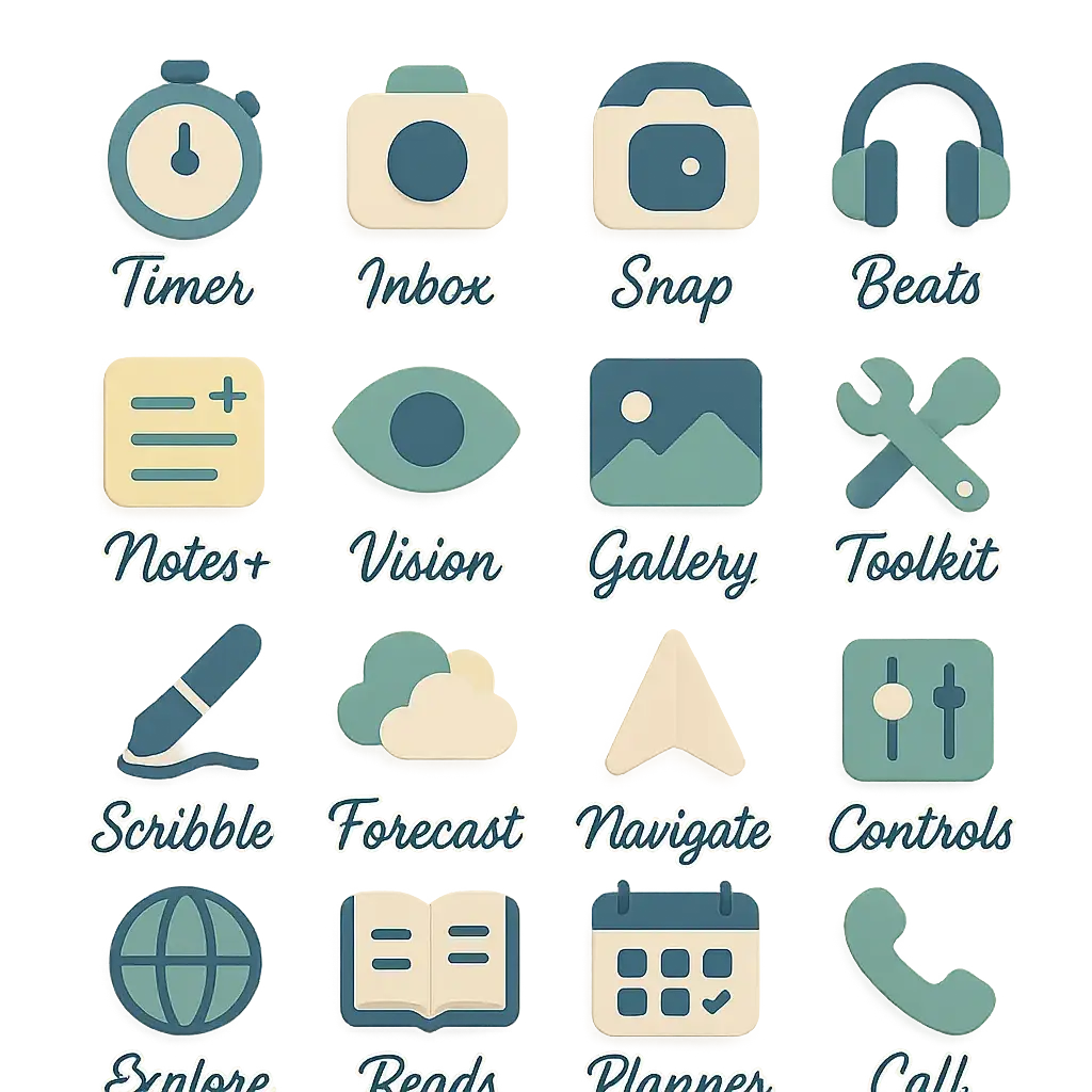 Clean flat icon template with 16 pastel app icons