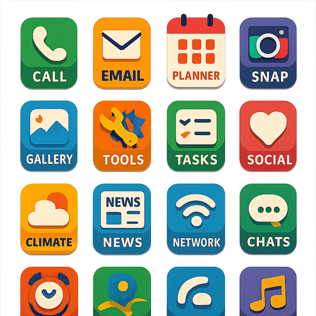 Bold multicolor icon template with app function labels