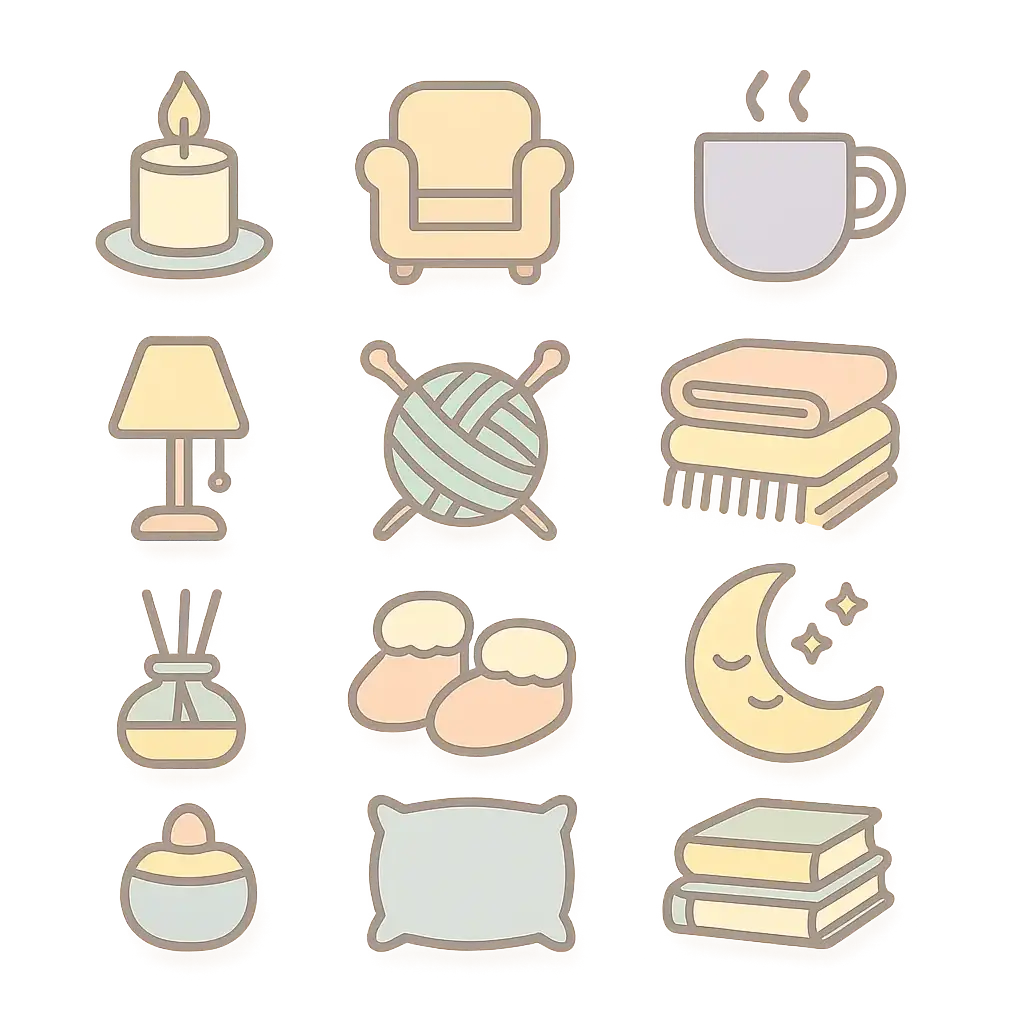Cozy lifestyle icon template with candles, blankets, and coffee.