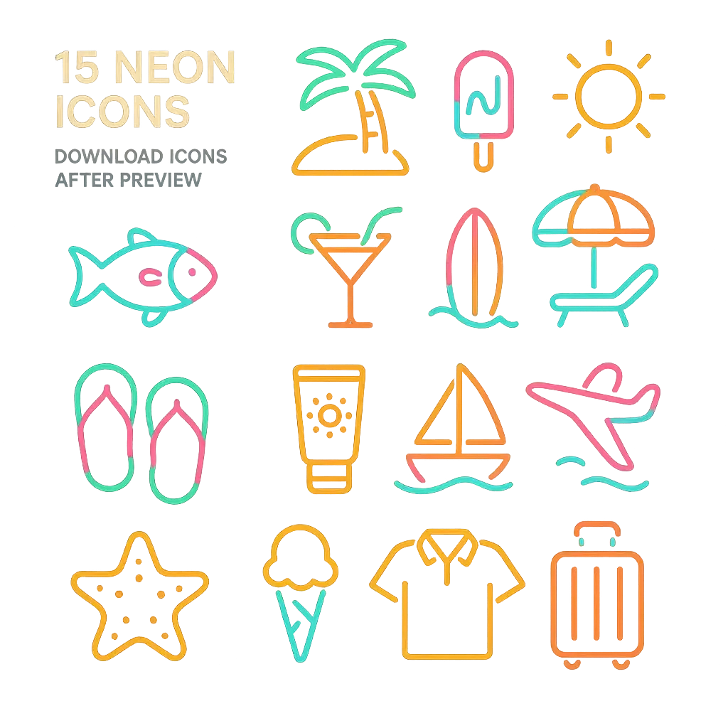 Colorful neon summer icon template in grid layout