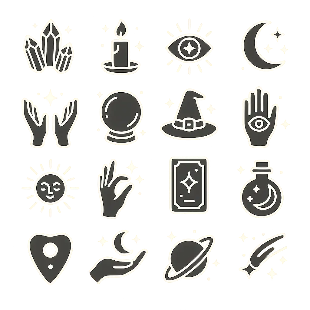 Minimal line art mystical icon template with crystals, candles, and celestial elements.