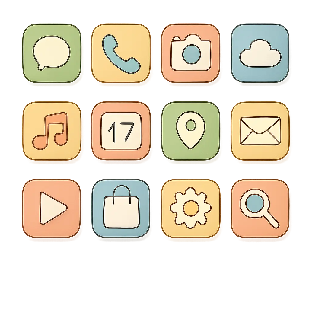 App icon template with hand-drawn style and pastel colors.