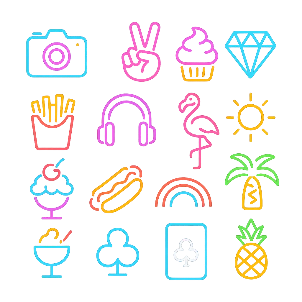 Neon icon template with colorful symbols on purple background