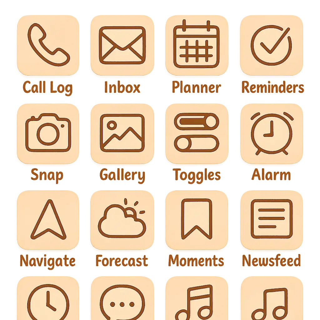 Hand-drawn pastel icon template with mobile app labels