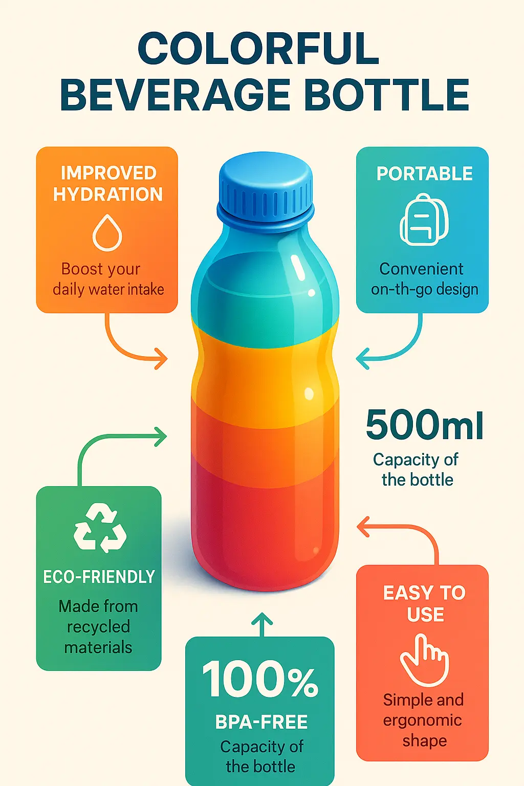Product infographic template featuring a colorful beverage bottle with feature callouts.
