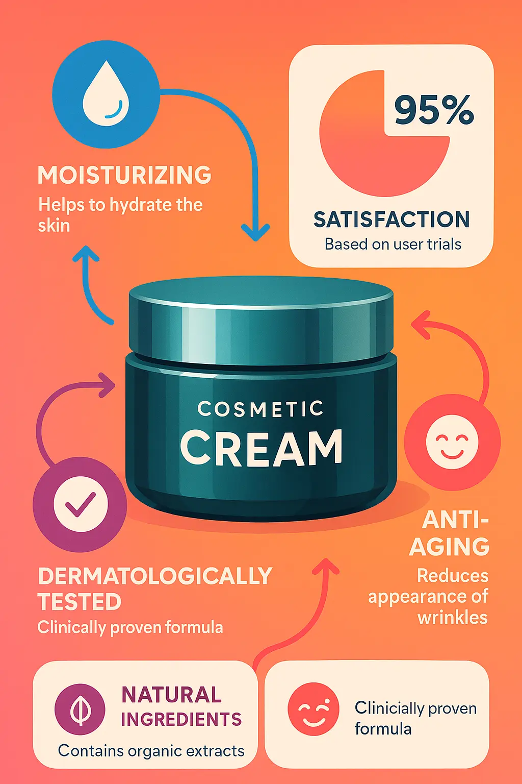 Cosmetic cream product infographic template with feature icons