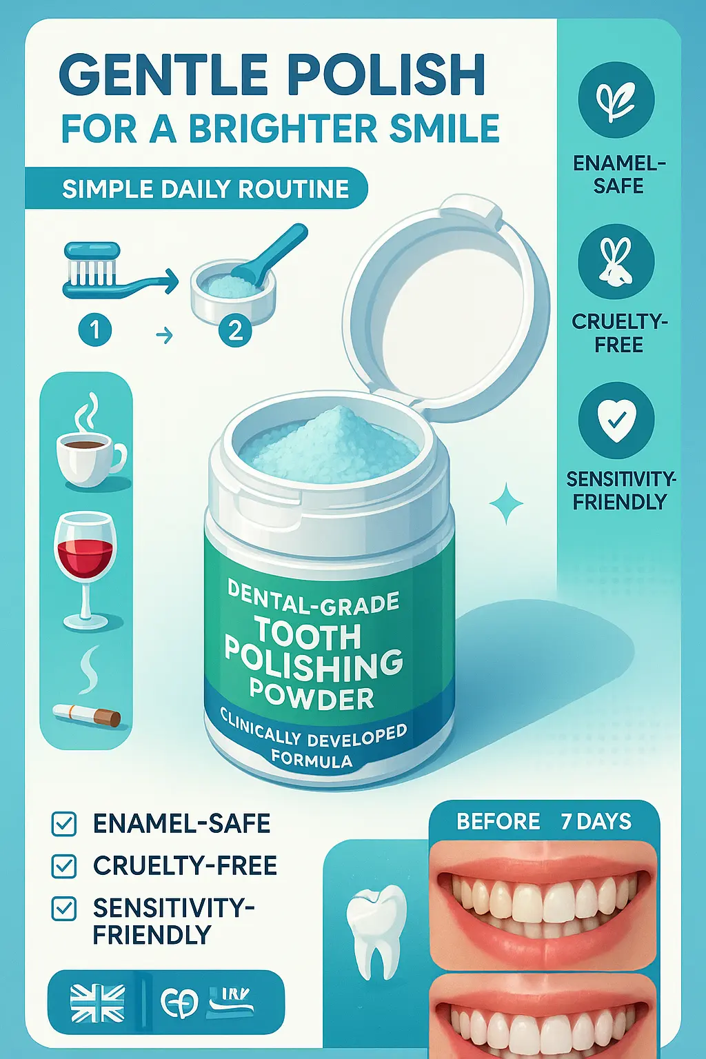 Modern tooth powder product infographic template with benefits and usage steps
