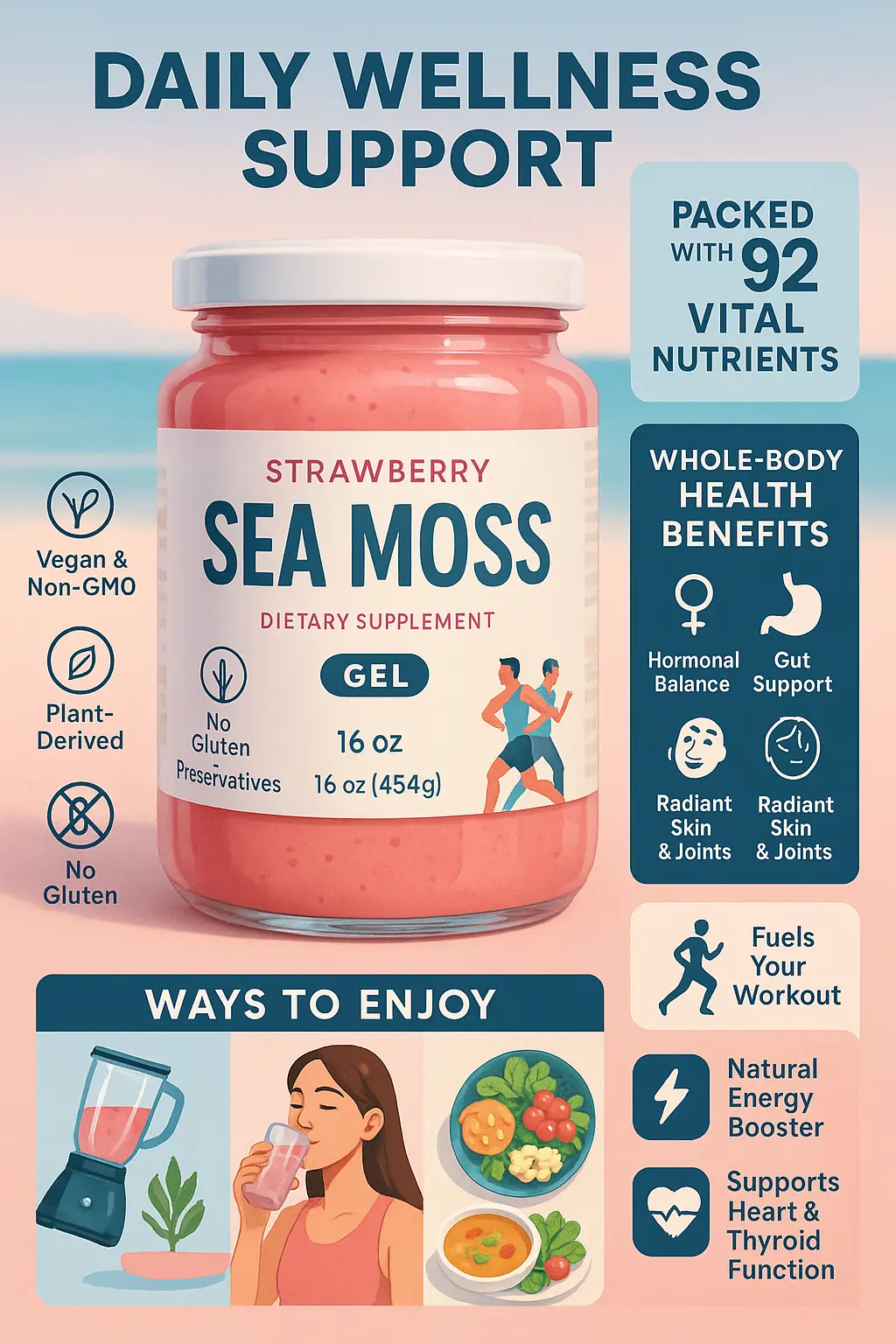 Strawberry sea moss product infographic template with wellness benefits
