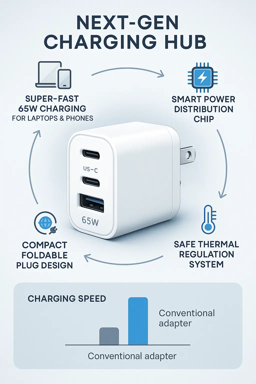 USB-C charger product infographic template with feature callouts