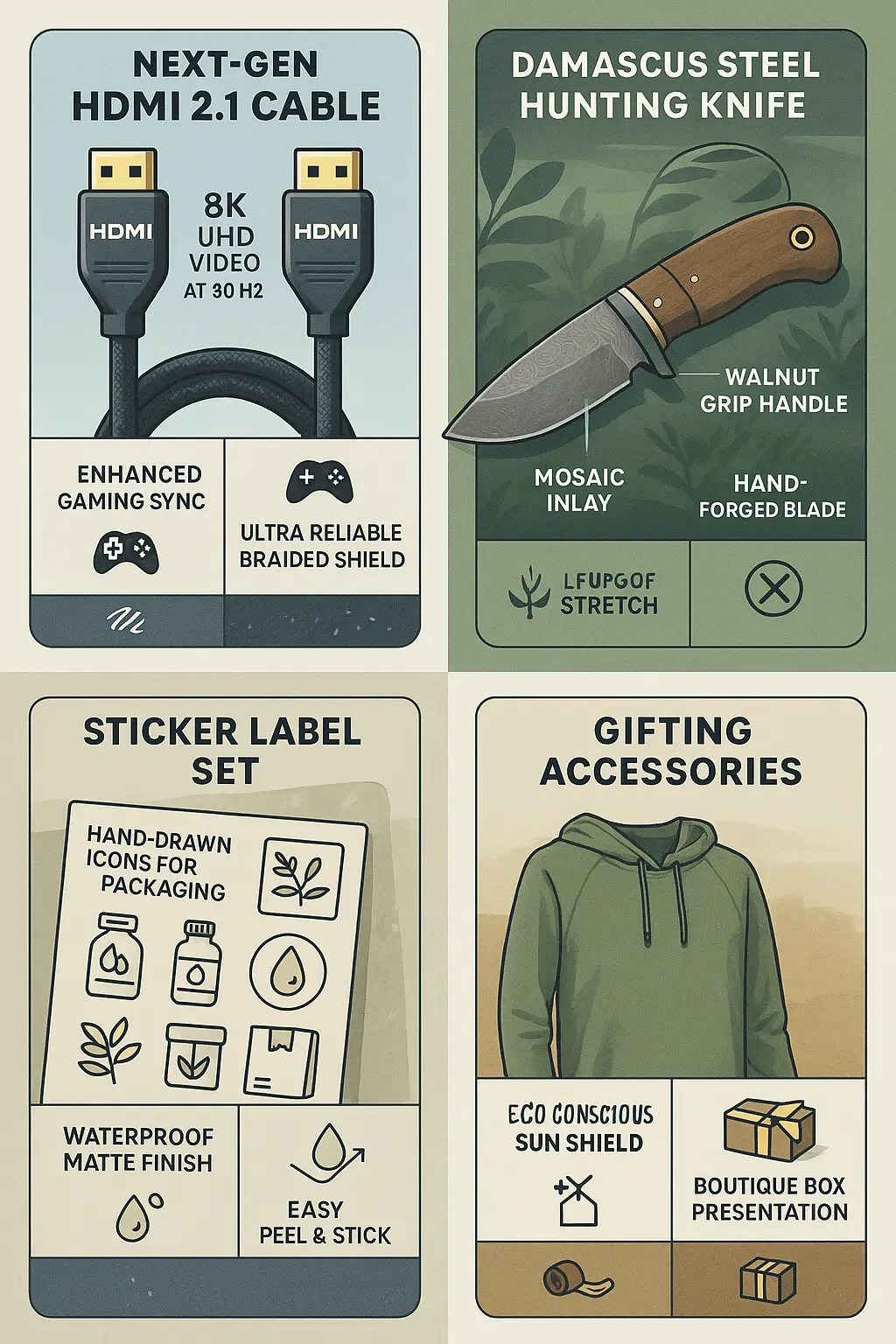 Multi-product infographic template showing HDMI cables, knives, hoodies, and labels